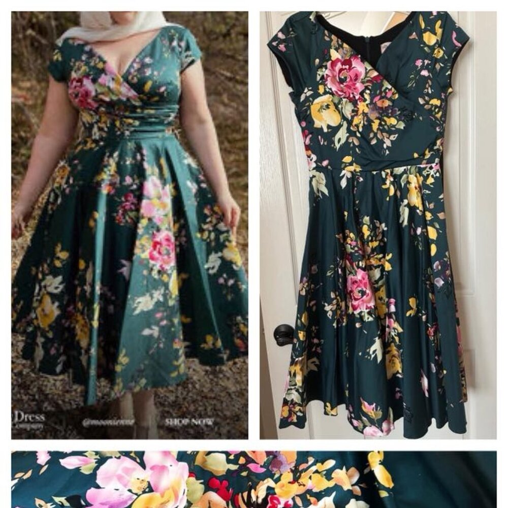 Pretty Dress Company Hourglass Green Floral Full Skirt Dress UK 12 US 8 NWT